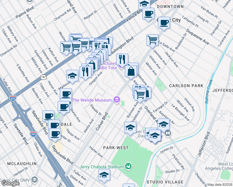 map of restaurants, bars, coffee shops, grocery stores, and more near 4050 Midway Avenue in Culver City