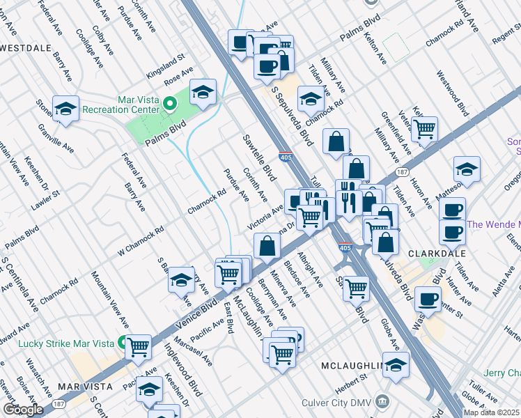 map of restaurants, bars, coffee shops, grocery stores, and more near 3659 Purdue Avenue in Los Angeles