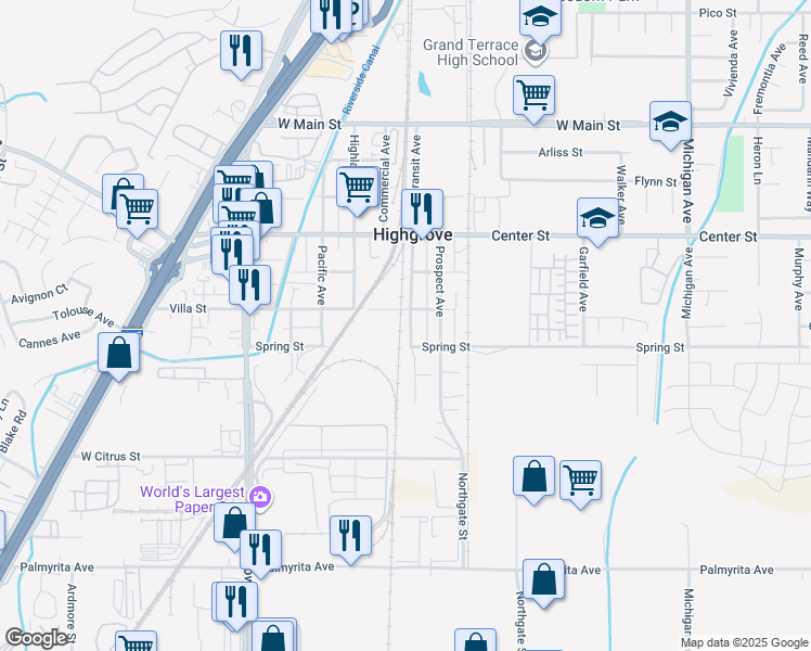 map of restaurants, bars, coffee shops, grocery stores, and more near 475 Transit Avenue in Riverside