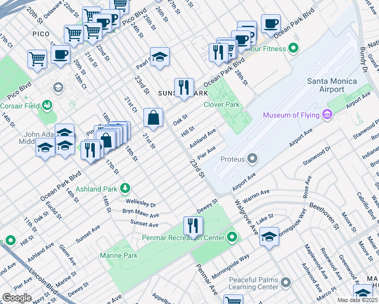 map of restaurants, bars, coffee shops, grocery stores, and more near 2302 Ashland Avenue in Santa Monica