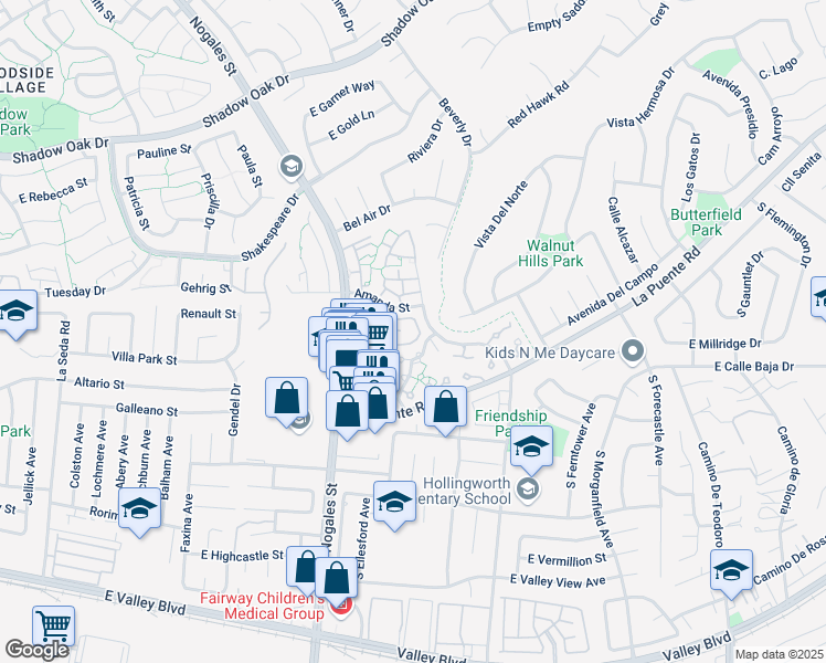 map of restaurants, bars, coffee shops, grocery stores, and more near 3558 Bottlebrush Street in West Covina