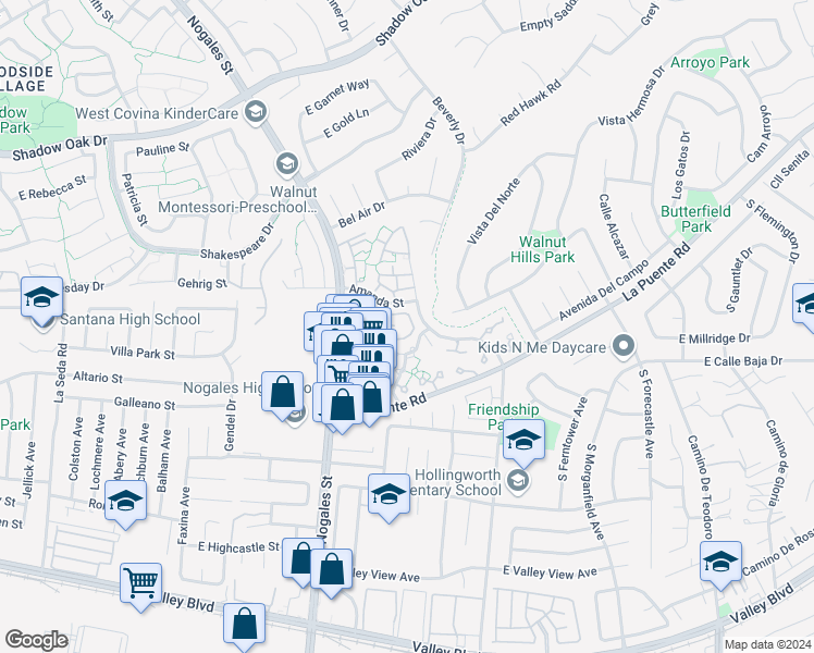 map of restaurants, bars, coffee shops, grocery stores, and more near 3538 Bottlebrush Street in West Covina