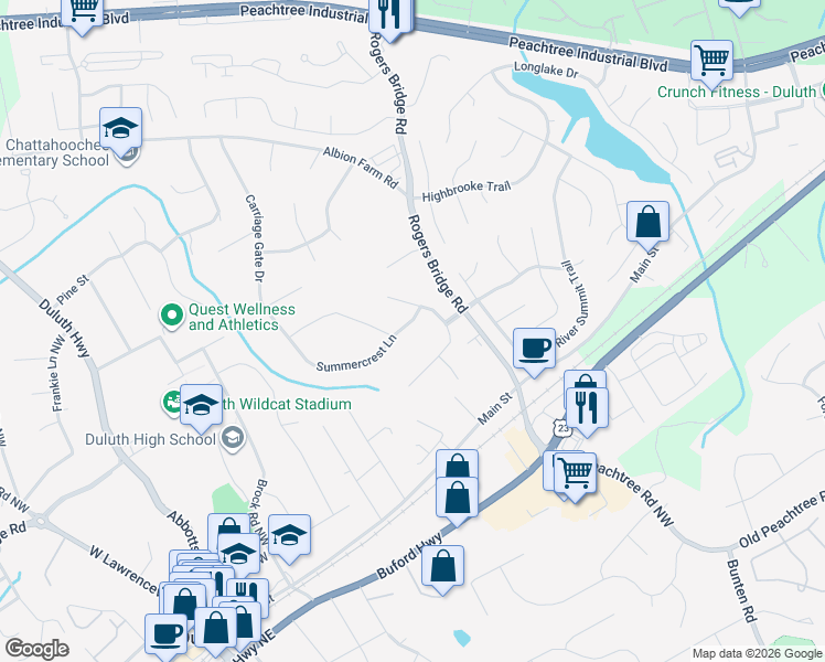 map of restaurants, bars, coffee shops, grocery stores, and more near 2746 Summercrest Lane in Duluth