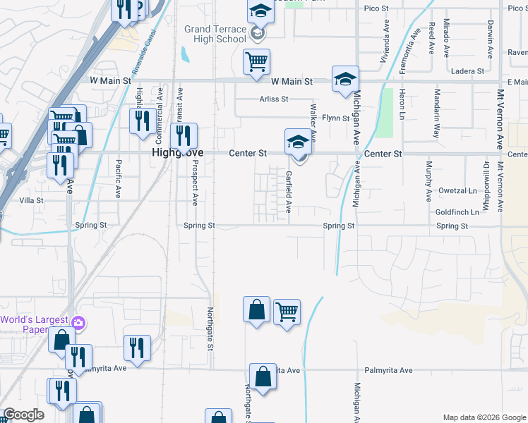map of restaurants, bars, coffee shops, grocery stores, and more near 7429 Alder Grove Way in Riverside