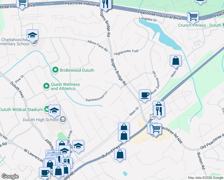 map of restaurants, bars, coffee shops, grocery stores, and more near 2746 Summercrest Lane in Duluth
