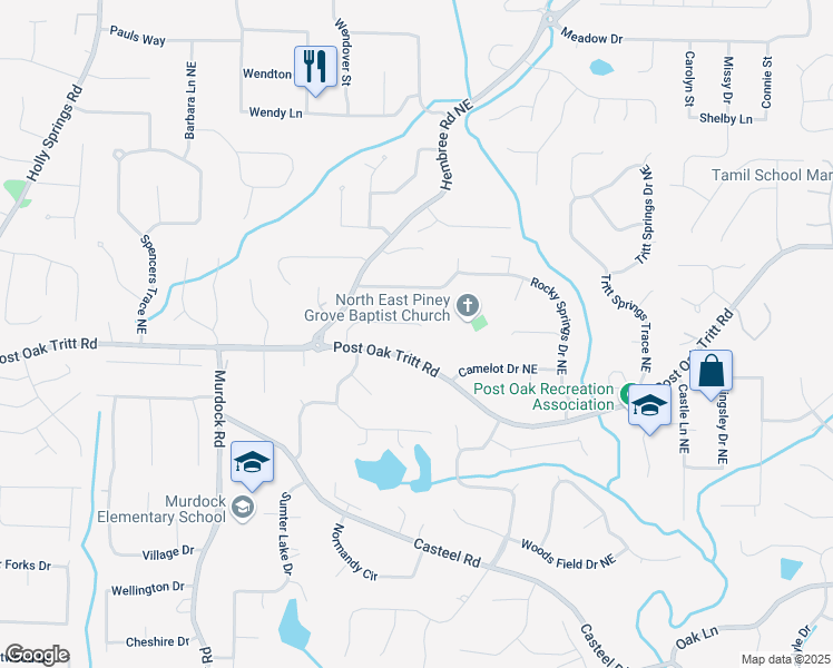map of restaurants, bars, coffee shops, grocery stores, and more near 3298 Robinson Oaks Way Northeast in Marietta