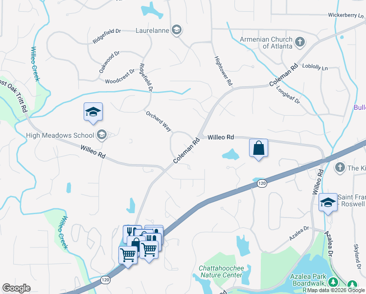 map of restaurants, bars, coffee shops, grocery stores, and more near 9450 Coleman Road in Roswell