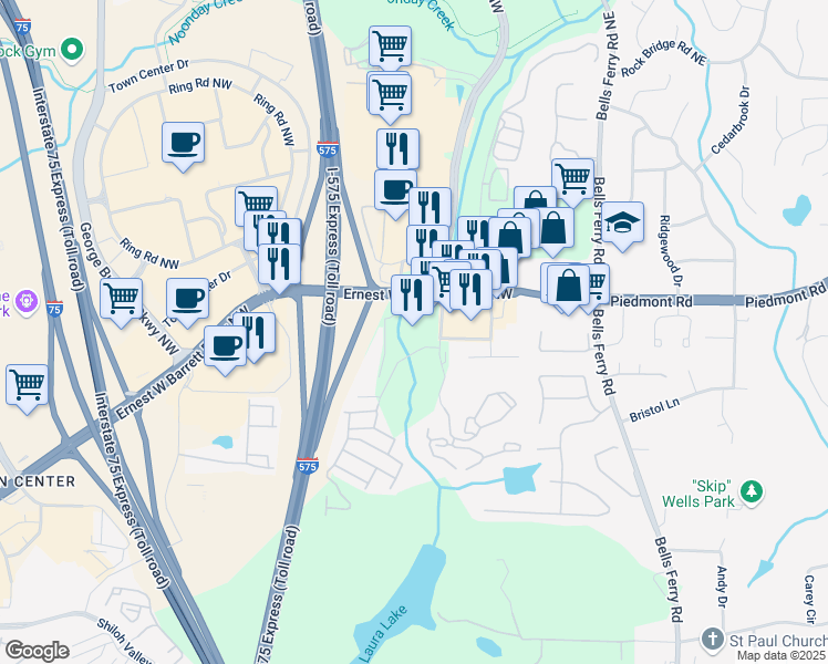 map of restaurants, bars, coffee shops, grocery stores, and more near 2500 Barrett Creek Boulevard in Marietta