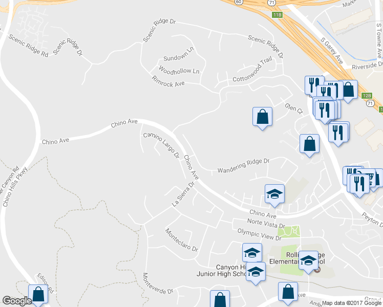 map of restaurants, bars, coffee shops, grocery stores, and more near 2245 Wandering Ridge Drive in Chino Hills