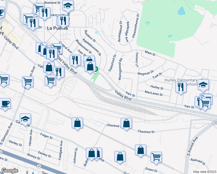 map of restaurants, bars, coffee shops, grocery stores, and more near 16578 Valley Boulevard in La Puente