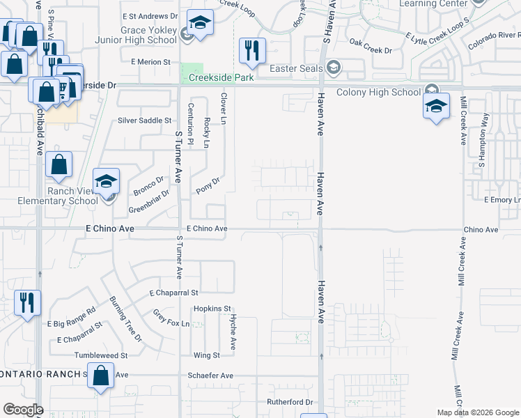 map of restaurants, bars, coffee shops, grocery stores, and more near 3325 S Primrose Dr in Ontario