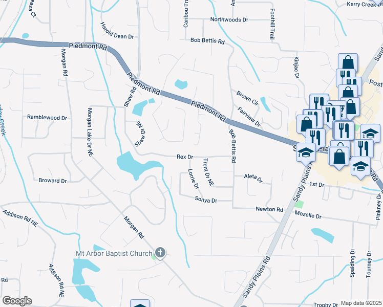 map of restaurants, bars, coffee shops, grocery stores, and more near 1627 Rex Drive in Marietta