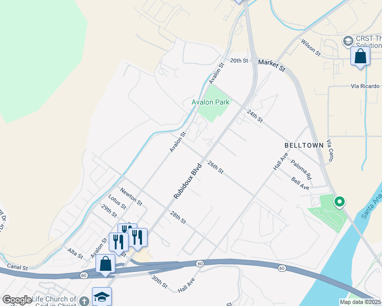 map of restaurants, bars, coffee shops, grocery stores, and more near 5636 26th Street in Riverside