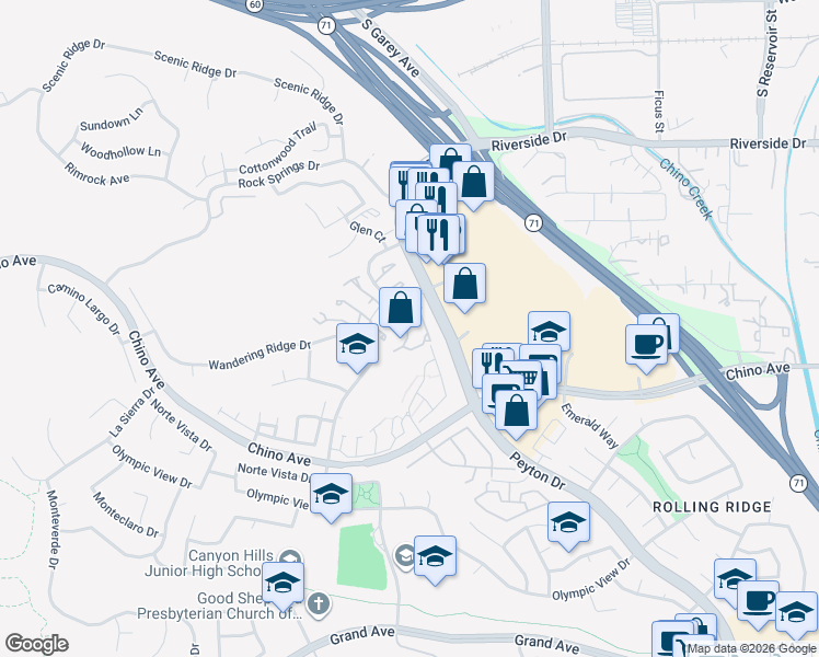 map of restaurants, bars, coffee shops, grocery stores, and more near 13283 Sonrisa Drive in Chino Hills