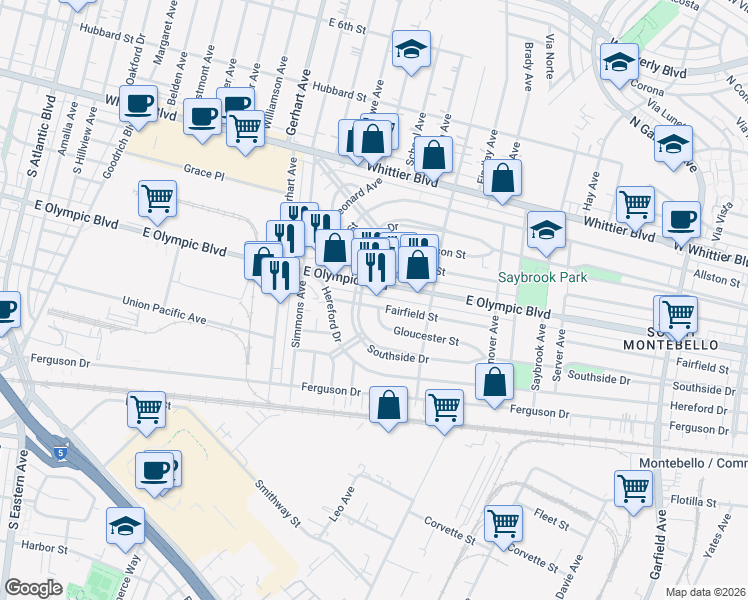 map of restaurants, bars, coffee shops, grocery stores, and more near 6031 Fairfield Street in East Los Angeles