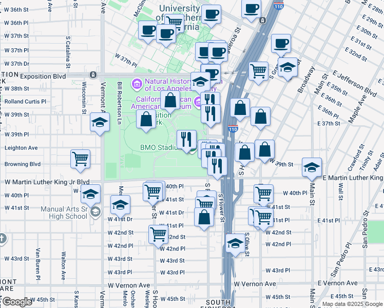 map of restaurants, bars, coffee shops, grocery stores, and more near 3939 S Figueroa St in Los Angeles