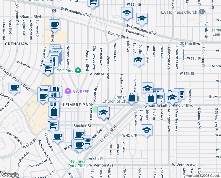 map of restaurants, bars, coffee shops, grocery stores, and more near 3960 Westside Avenue in Los Angeles