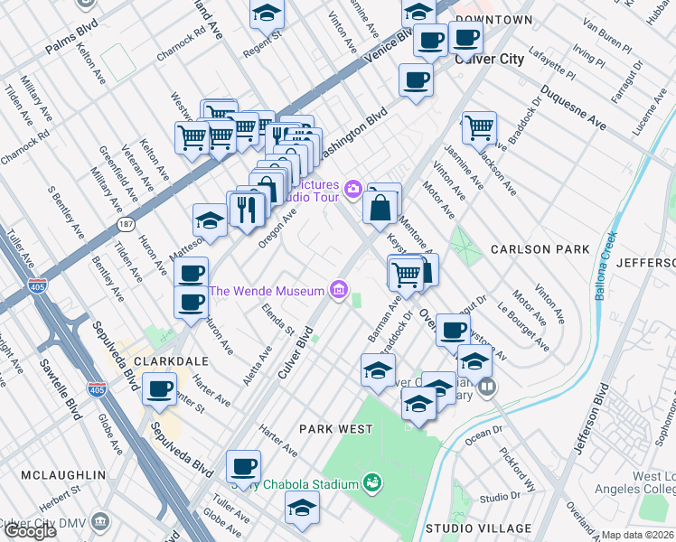 map of restaurants, bars, coffee shops, grocery stores, and more near 4050 Midway Avenue in Culver City