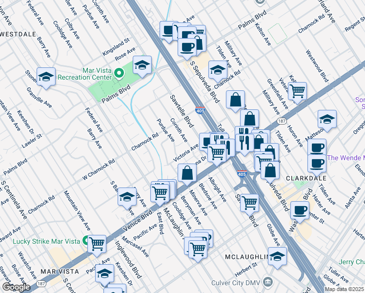 map of restaurants, bars, coffee shops, grocery stores, and more near 3659 Purdue Avenue in Los Angeles