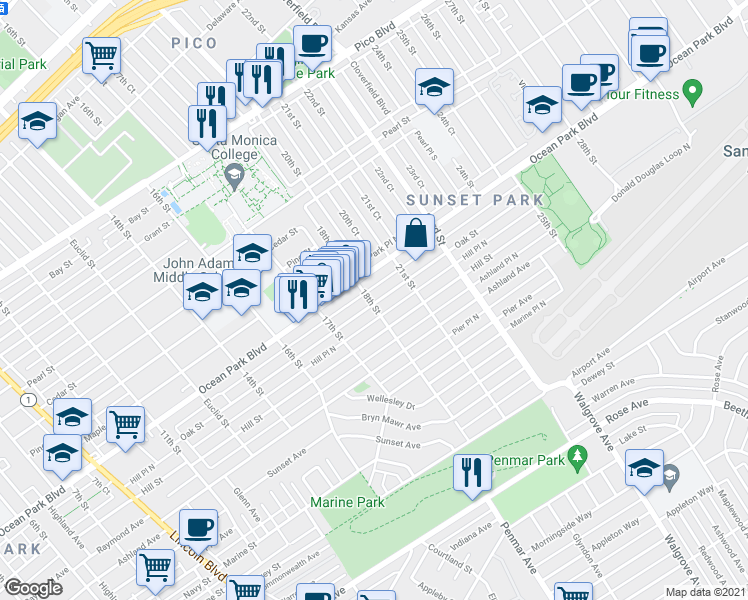 map of restaurants, bars, coffee shops, grocery stores, and more near 1810 Oak Street in Santa Monica