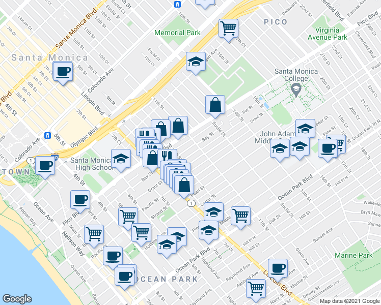 map of restaurants, bars, coffee shops, grocery stores, and more near 1027 Grant Street in Santa Monica