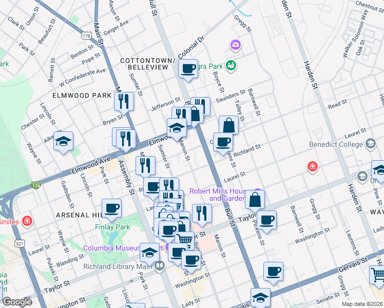 map of restaurants, bars, coffee shops, grocery stores, and more near 1407 Richland Street in Columbia