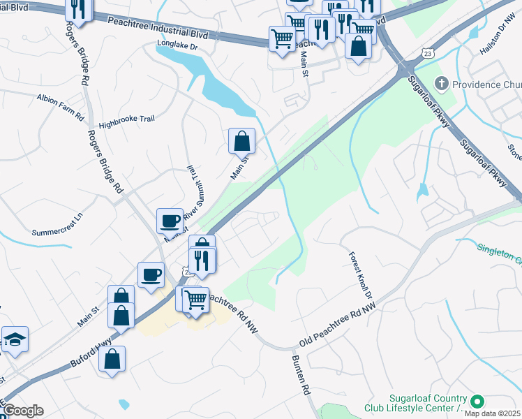 map of restaurants, bars, coffee shops, grocery stores, and more near 2591 Royston Drive in Duluth