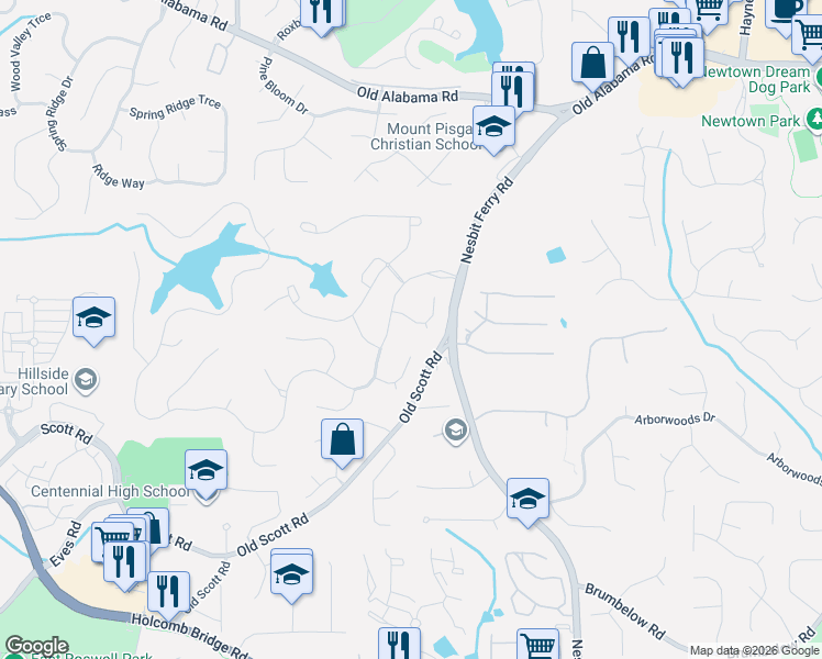 map of restaurants, bars, coffee shops, grocery stores, and more near 9645 Nesbit Lakes Drive in Alpharetta