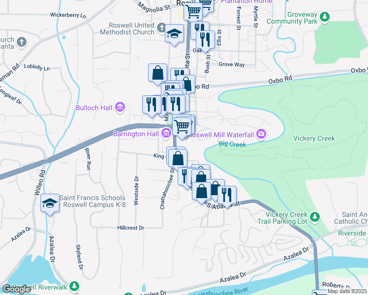map of restaurants, bars, coffee shops, grocery stores, and more near 0 South Atlanta Street in Roswell