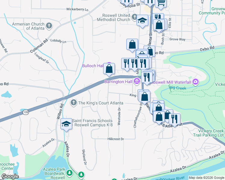 map of restaurants, bars, coffee shops, grocery stores, and more near 110 Spring Drive in Roswell
