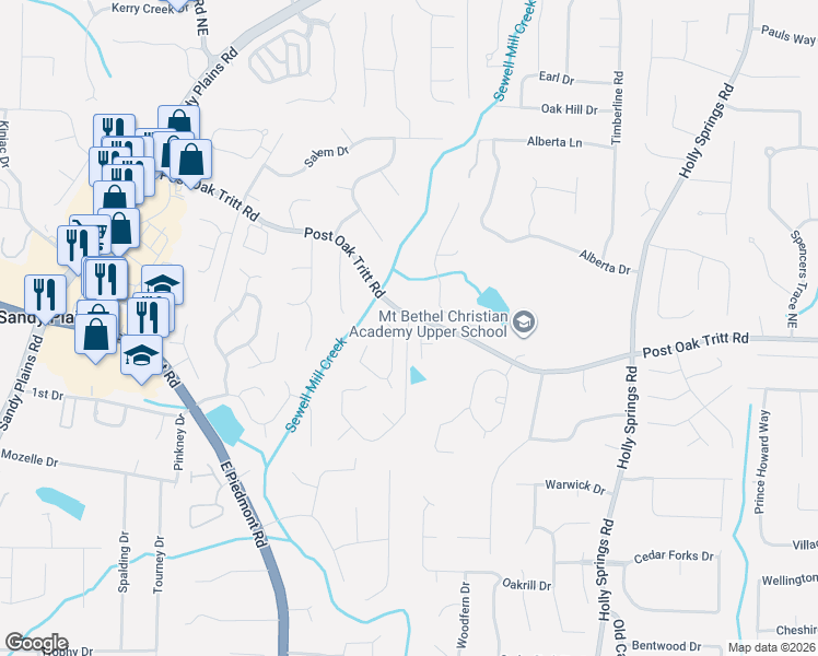 map of restaurants, bars, coffee shops, grocery stores, and more near 2592 Oak Village Place Northeast in Marietta