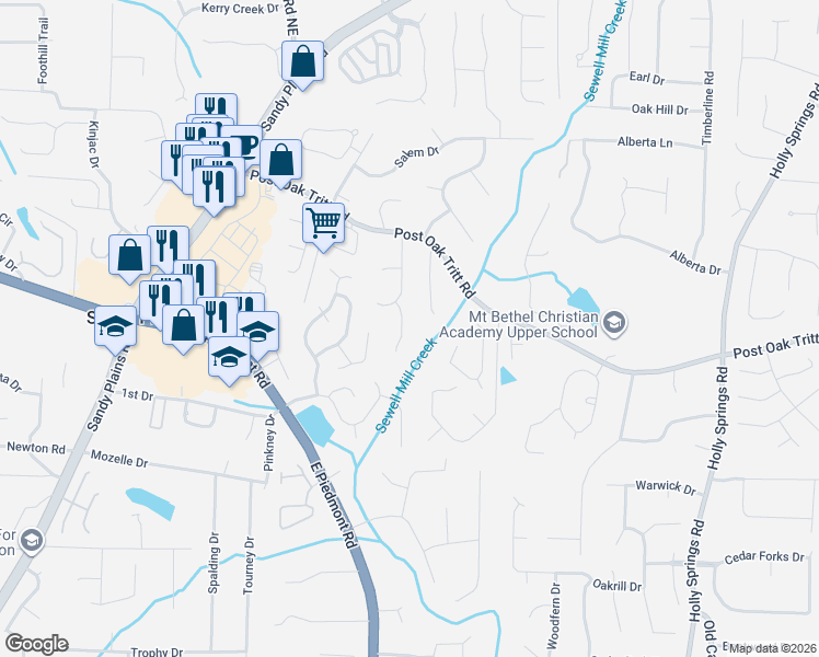map of restaurants, bars, coffee shops, grocery stores, and more near 2670 Chriswell Court in Marietta