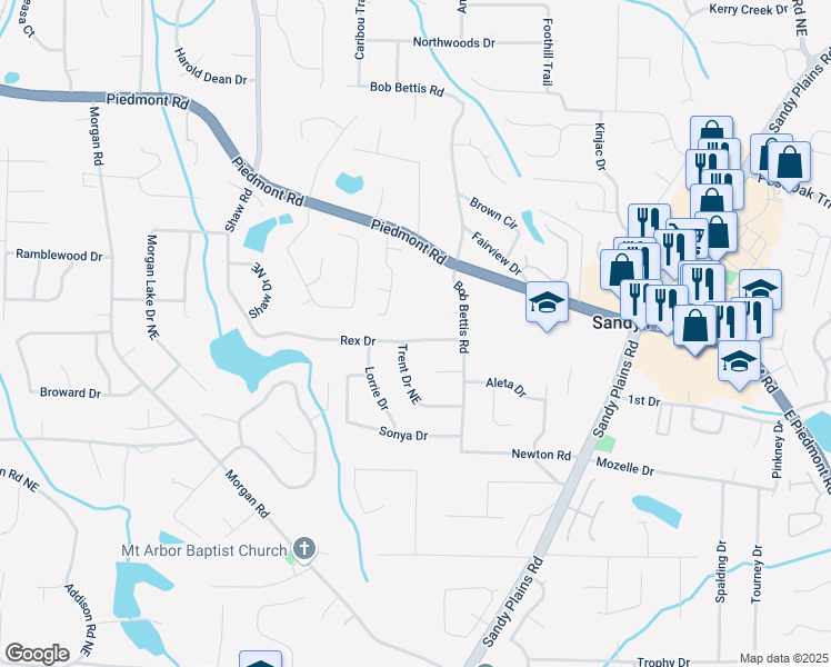 map of restaurants, bars, coffee shops, grocery stores, and more near 1643 Rex Drive in Marietta