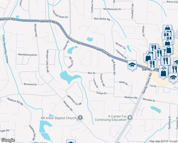 map of restaurants, bars, coffee shops, grocery stores, and more near 1628 Rex Drive in Marietta