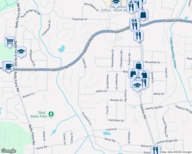 map of restaurants, bars, coffee shops, grocery stores, and more near 2492 Hidden Hills Drive in Marietta