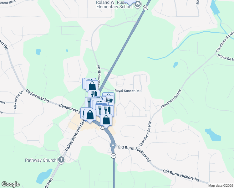 map of restaurants, bars, coffee shops, grocery stores, and more near 44 Garland Rose Lane in Dallas