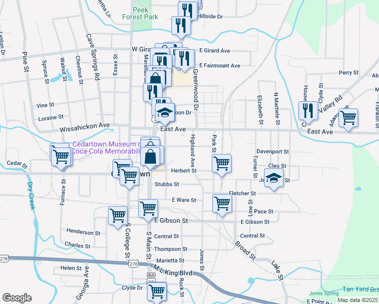 map of restaurants, bars, coffee shops, grocery stores, and more near 208 Highland Avenue in Cedartown