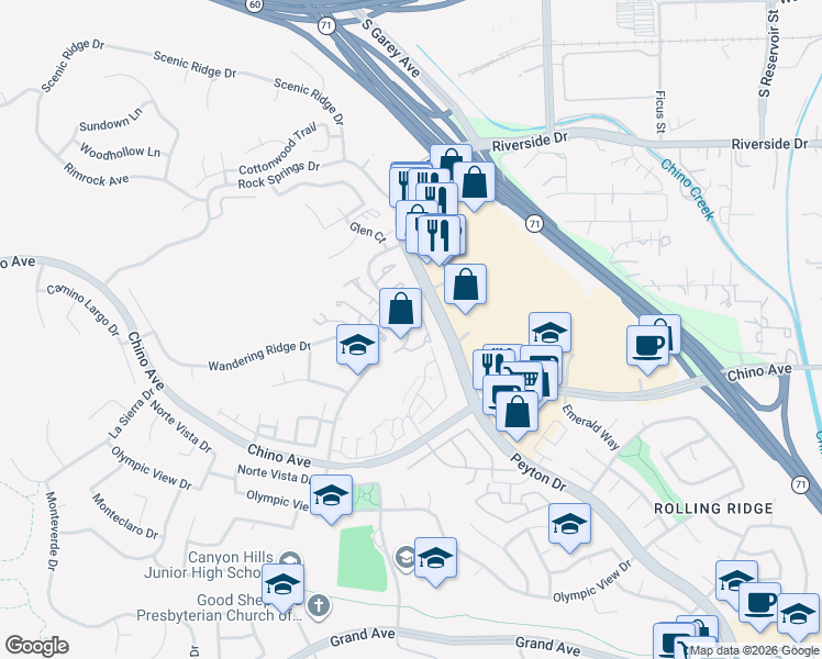map of restaurants, bars, coffee shops, grocery stores, and more near 13283 Sonrisa Drive in Chino Hills