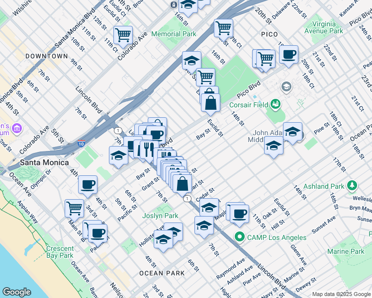 map of restaurants, bars, coffee shops, grocery stores, and more near 1030 Bay Street in Santa Monica