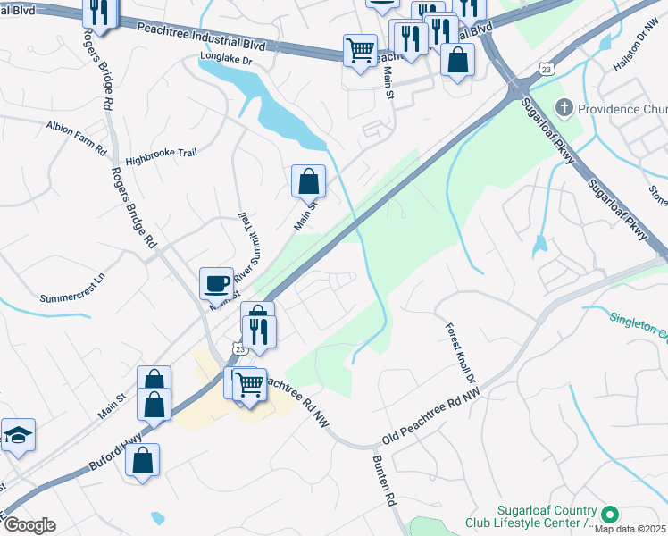 map of restaurants, bars, coffee shops, grocery stores, and more near 2591 Royston Drive in Duluth