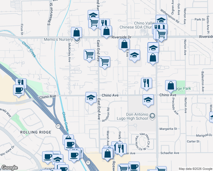 map of restaurants, bars, coffee shops, grocery stores, and more near 13233 East End Avenue in Chino