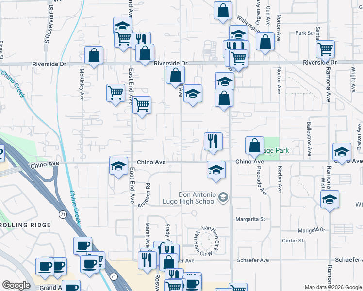 map of restaurants, bars, coffee shops, grocery stores, and more near 13233 Roswell Avenue in Chino