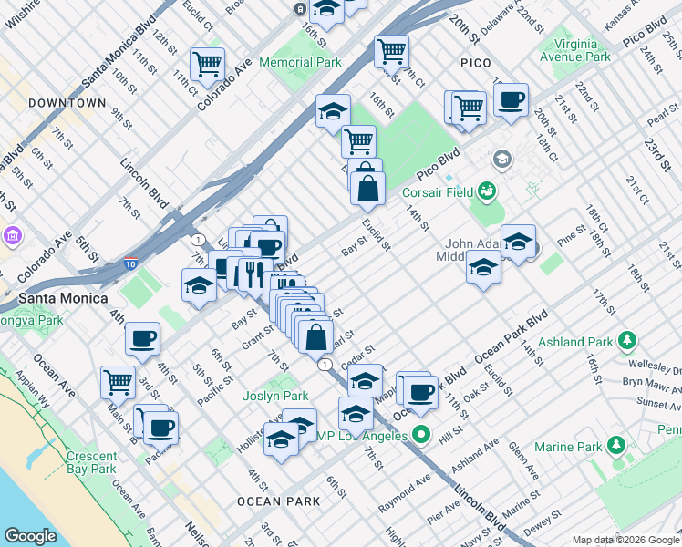 map of restaurants, bars, coffee shops, grocery stores, and more near 1027 Grant Street in Santa Monica