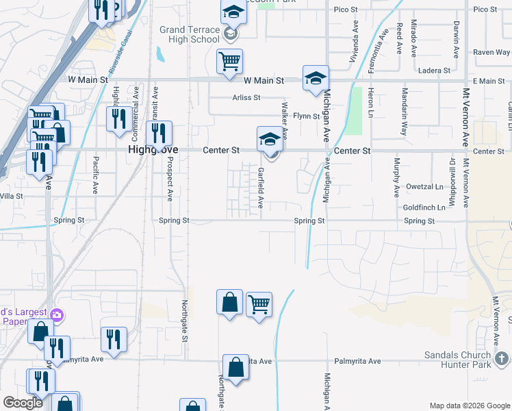 map of restaurants, bars, coffee shops, grocery stores, and more near 7456 Olive Grove Street in Riverside