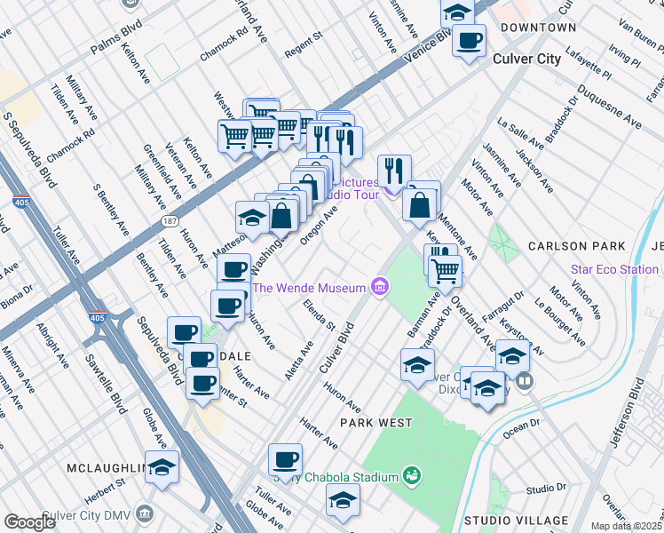 map of restaurants, bars, coffee shops, grocery stores, and more near 3974 Astaire Avenue in Culver City