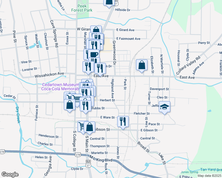 map of restaurants, bars, coffee shops, grocery stores, and more near 208 Highland Avenue in Cedartown