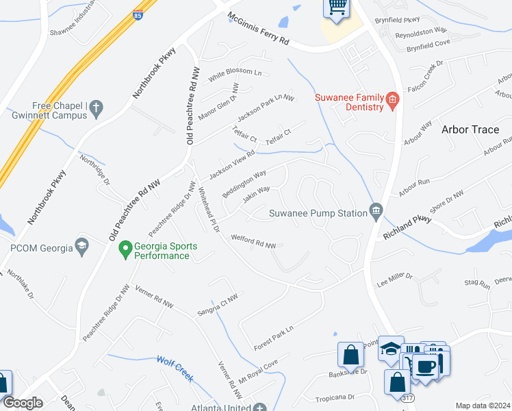 map of restaurants, bars, coffee shops, grocery stores, and more near 645 Ruxbury Court in Suwanee