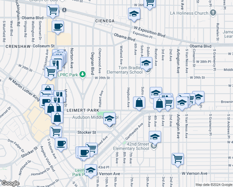 map of restaurants, bars, coffee shops, grocery stores, and more near 3960 Westside Avenue in Los Angeles