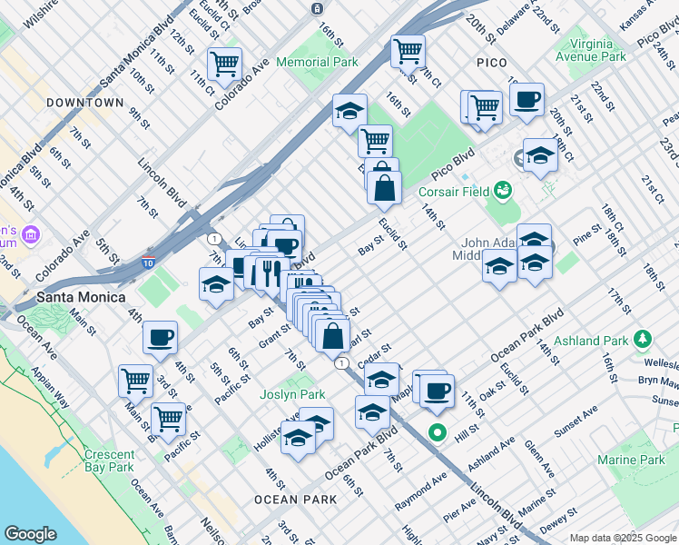 map of restaurants, bars, coffee shops, grocery stores, and more near 1027 Grant Street in Santa Monica