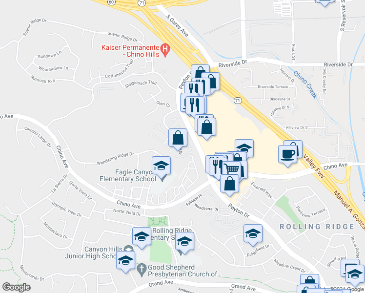 map of restaurants, bars, coffee shops, grocery stores, and more near 13263 Sonrisa Drive in Chino Hills